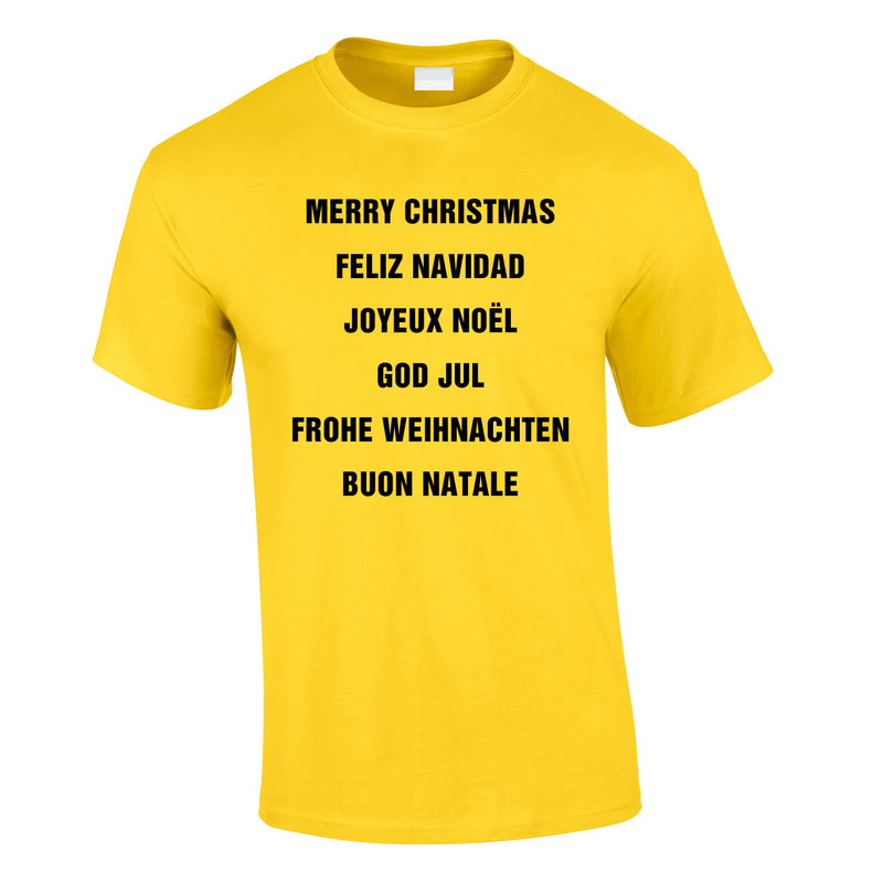 Merry Christmas In Different Languages Tee In Yellow